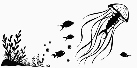 A majestic jellyfish glides through the ocean surrounded by small fish. Vector © MST RABEYA BEGUM
