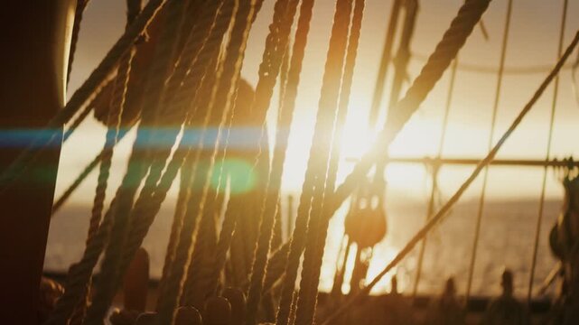 Sunrise shining through sailing ship rigging on traditional tall ship at sea