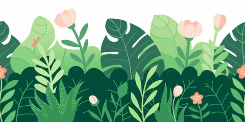 Stylized botanical illustration featuring tropical leaves and delicate pink flowers © Ajay