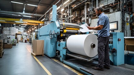Industrial Worker Operating Large Printing Press Machine.