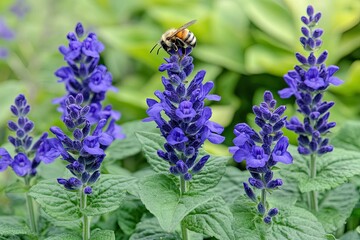 A close-up of a bumblebee perched on a central spike of vibrant purple-blue flowers, likely salvia or sage