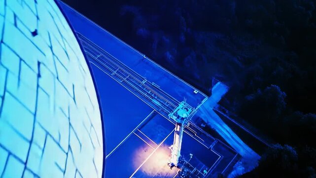 Large solar furnace parabolic mirror array reflecting intense blue light, harnessing renewable energy and power in a high tech facility surrounded by dark trees