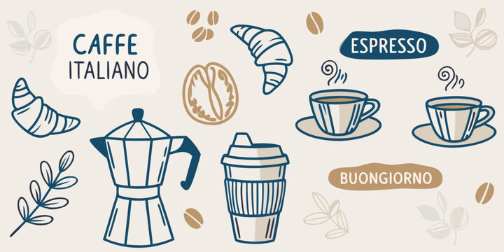 Italian coffee collection with croissants beans and brewing equipment