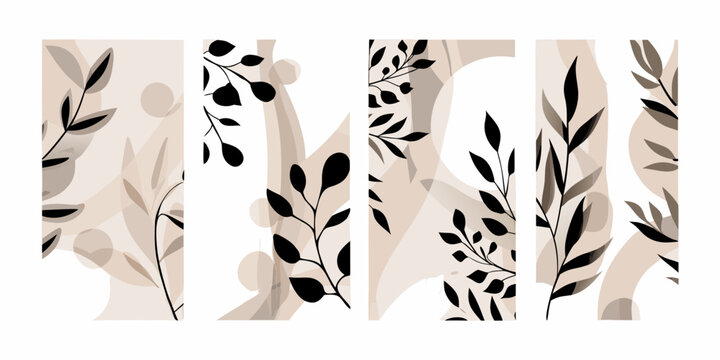 Abstract botanical pattern with overlapping shapes and foliage elements