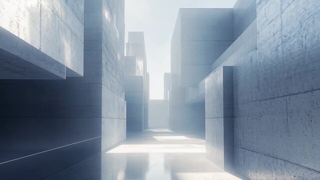 Abstract future architecture built from geometric concrete forms, bathed in ethereal light and casting strong shadows on the reflective floor, evoking a minimalist and dreamlike aesthetic