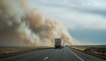 A truck drives along the highway close to the shoulder while thick gray smoke rises ahead beside the road, spreading toward the lane and gradually dispersing into the air