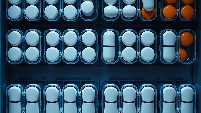 dimer. Pill organizer with tablets in sequence, clinical top view, geometric arrangement. STEM education sheets, lab safety posters, designed for biotech research communications.