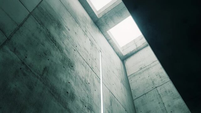 Concrete walls creating a minimalist modern architectural space, with natural light entering from a square skylight and a vertical slit, emphasizing geometric shapes and brutalist design