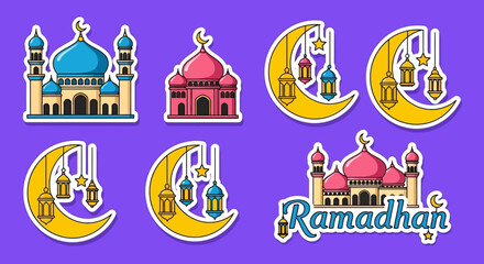 Naklejka premium Ramadan Kareem Sticker Collection: Vector Flat Illustration of Mosques, Crescent Moons, and Islamic Lanterns