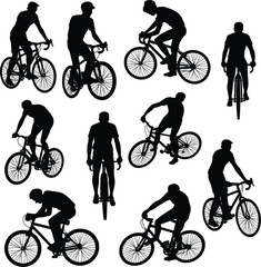 Fototapeta premium Cyclist Silhouettes Men Riding Bicycles Various Poses Collection male
