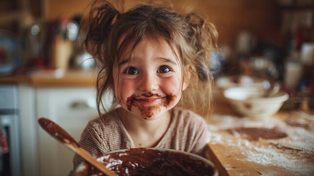 Happy child enjoying making a mess while preparing chocolate dessert in the kitchen