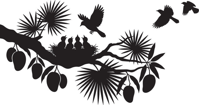 Tropical tree branch silhouette with mango fruits and bird nest, flying birds nature vector illustration
