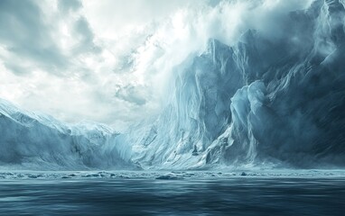 Epic frozen arctic landscape with towering icebergs and glaciers under stormy gray skies, calm reflective water in the foreground creating a cold desolate scene