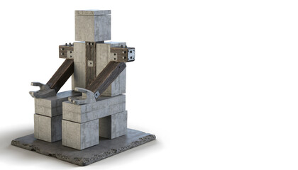 Detailed illustration of a complex mechanical assembly featuring interlocking metal beams and concrete structural blocks on a base platform