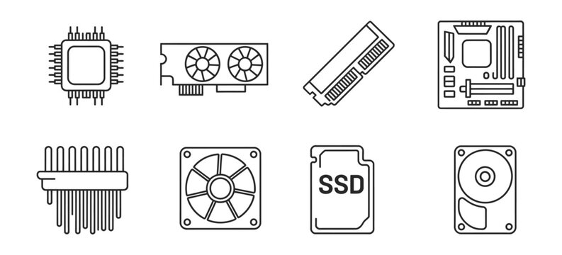 technology components line icon set, motherboard processor ram gpu power unit and hard disk minimal outline vector illustration.