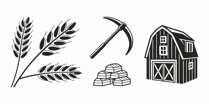 Agricultural tools and produce including wheat, a pickaxe, and a barn Vector