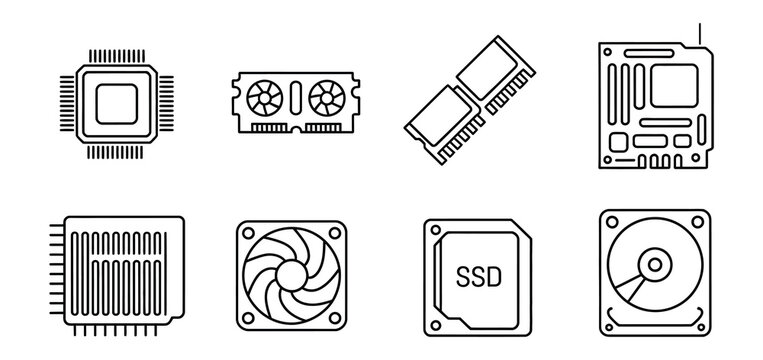 pc hardware outline icon pack, processor motherboard memory ram graphics card hard drive and power supply line vector symbols.