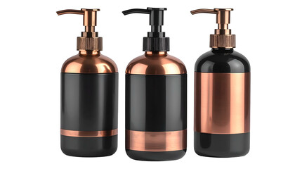 Three soap dispensers with black bodies, copper accents, and pump tops on a transparent background
