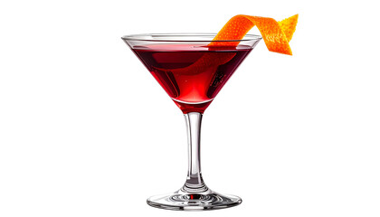 A martini glass filled with a deep red drink, garnished with an orange peel twist