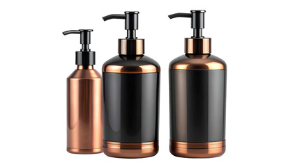 Three metallic dispensers of varying sizes, black centers, copper accents, and black pumps on black background