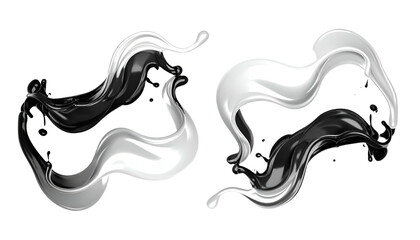 Two abstract liquid splashes, one black and one white, overlapping against a black background