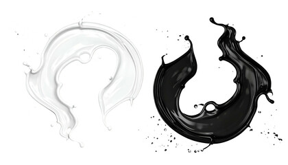 Two abstract fluid forms, one white, one black, splashing against a dark background
