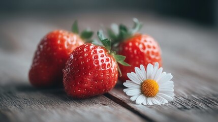 Fresh strawberries and a daisy flower resting on a rustic wooden surface