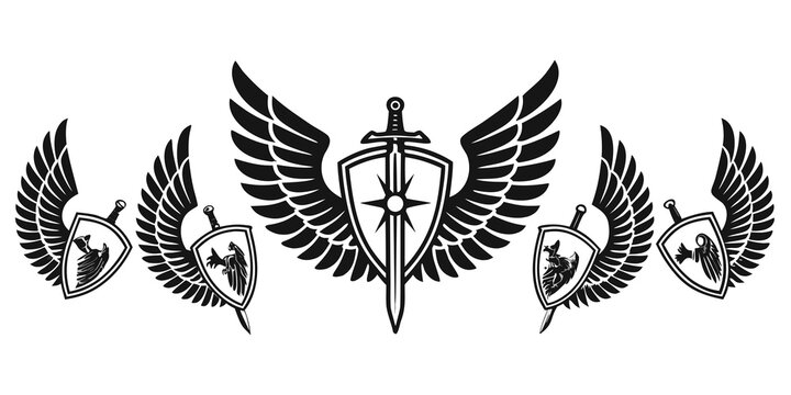Intricate black and white design featuring wings and a shield in the center. Vector