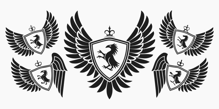 A majestic collection of heraldic eagles with crowns and shields in a symmetrical arrangement Vector