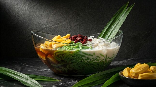 A vibrant bowl of Cendol dessert with green jelly, red beans, jackfruit, coconut milk, and palm sugar syrup, garnished with pandan leaves.