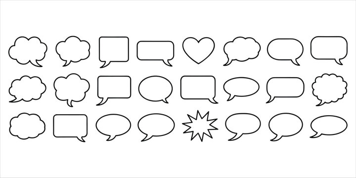Assortment of black and white outline speech bubbles and thought bubbles in different shapes chat bubble