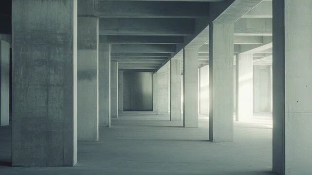 Wide industrial space creating an abstract geometric pattern with rows of raw concrete columns and flat ceiling beams, featuring natural light illuminating the far end of the raw architecture