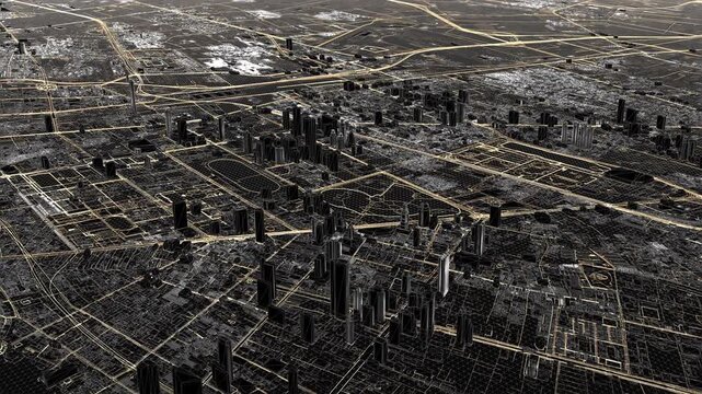 Wireframe view of Tokyo with street network in grayscale, black roads and buildings covered by white wireframe lines, dark shadows between structures forming a high contrast city map from above.