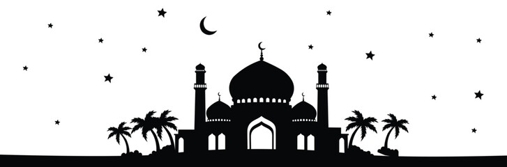 Mosque Silhouette with Crescent Moon and Palm Trees © MstHasina