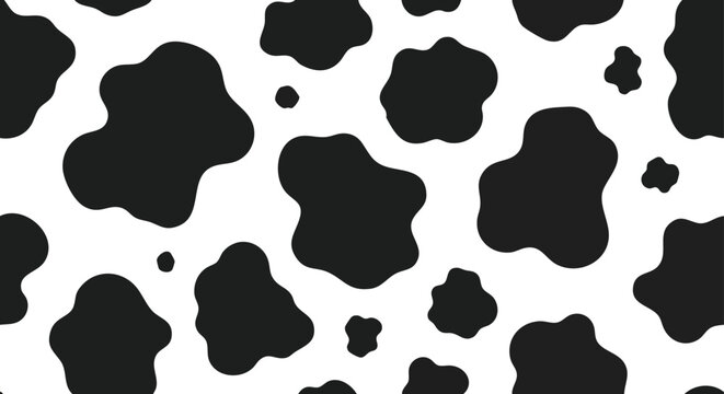 Seamless black and white cowhide pattern with irregular organic black spots on a white background