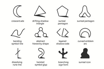 Surreal Shadow Motifs Grid. Surreal symbolic shadow motifs. Line outline icon set of Surreal symbolic shadow