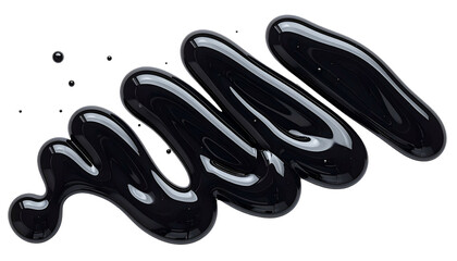 Glossy, flowing black liquid forms a stylized, swirling pattern on a stark black backdrop