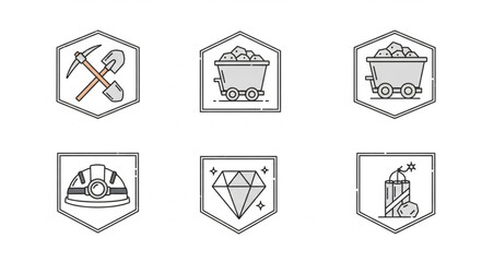 Mining and mineral extraction related icons in a hexagonal shape.