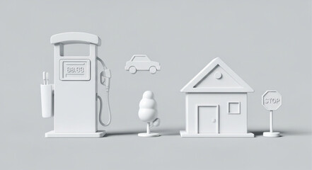 White miniature gas station, house, car, tree, and street sign on a gray background.