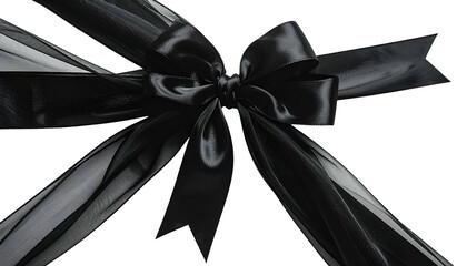 Close-up of a glossy black ribbon bow with long flowing ends on a black background