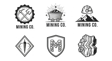 Vintage mining company logos featuring pickaxes, carts, helmets, mountains, and ore symbols.