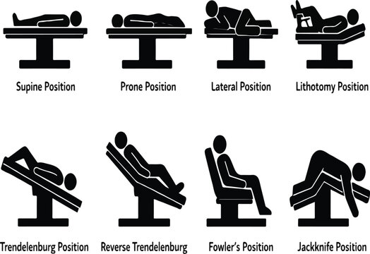 Medical Patient Position Icons Set &ndash; Supine, Prone, Lateral, Lithotomy, Trendelenburg, Reverse Trendelenburg, Fowler&rsquo;s and Jackknife Positions &ndash; Black Solid Healthcare, Surgery and Hospital Bed Pictog