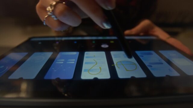 Close up shot of unrecognizable young woman using pen on digital tablet screen and marking mobile app design elements with question marks while reviewing project and making edits, copy space