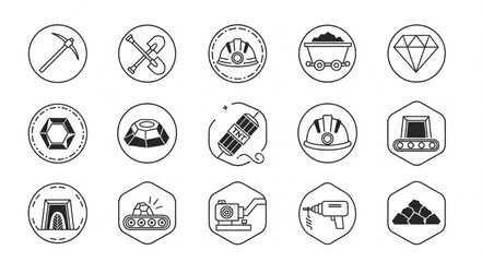 Mining industry icons depicting tools and equipment for resource extraction and processing.