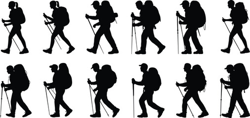 Large silhouette collection of hikers with backpacks and trekking poles in various walking poses isolated on white background for outdoor adventure concepts © Kamrul