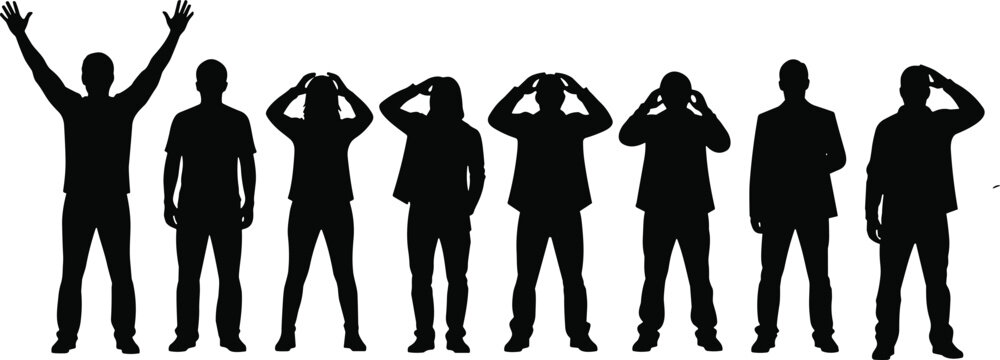 Group of diverse people silhouettes in confusion and surprise poses, hands raised or on head, expressing shock, doubt, wonder, black isolated figures