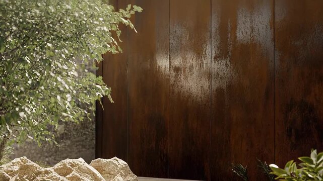 Minimalist garden design featuring a textured rusted metal wall, sunlit green foliage, and natural rocks, creating a peaceful and serene environment in an outdoor patio space