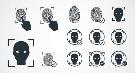 Biometric authentication icons representing fingerprint and facial recognition security measures.
