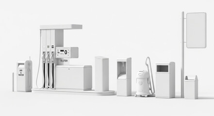 Modern public service stations and equipment in a clean, minimalist design.