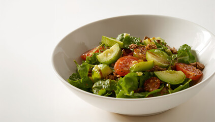 やわらかな陰影の白背景で無地器サラダボウルを上品に撮った写真